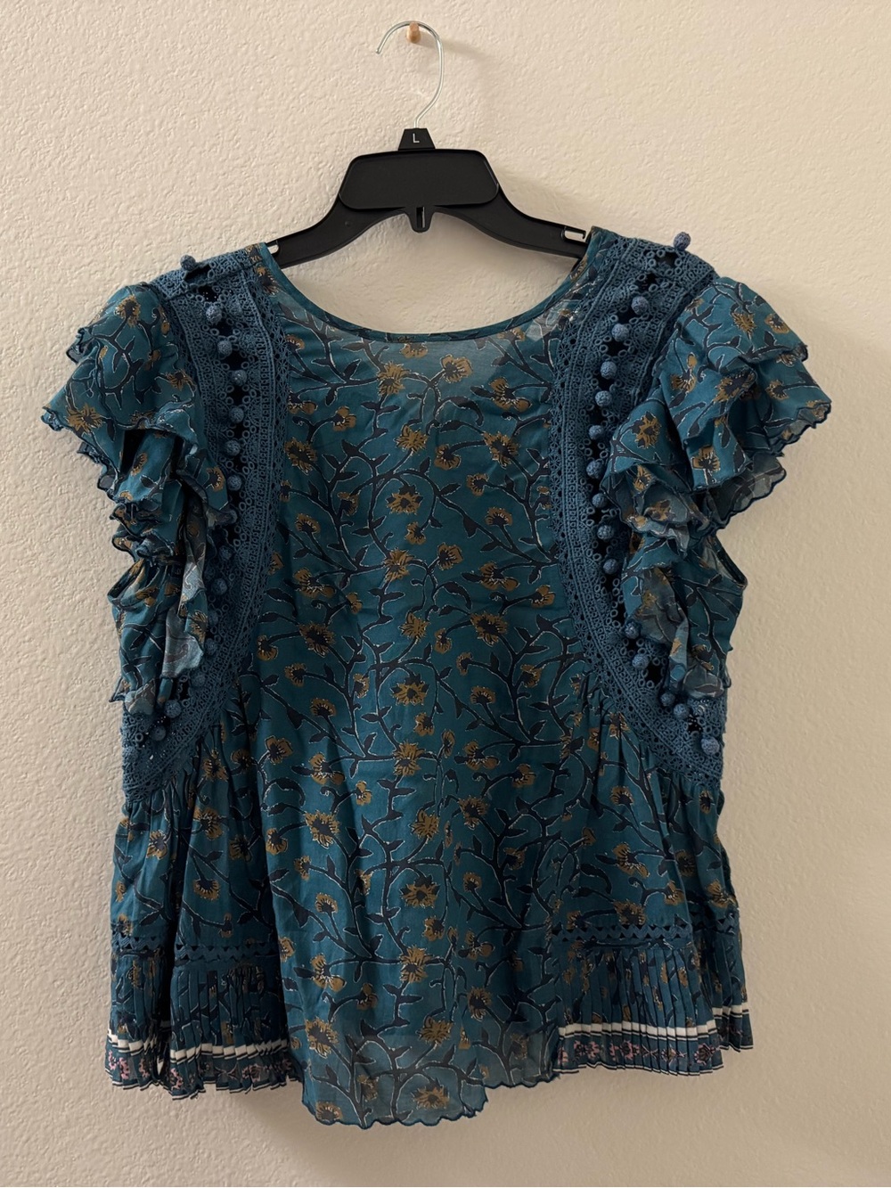 Sea New York Khloe Printed Pom Pom Top - Size 8 - Steel Blue